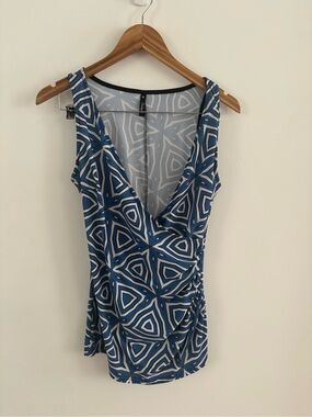 Sleeveless Blue Geometric V-Neck Women's Top